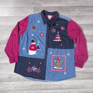 Vintage Patchwork Denim Shirt Holiday Novelty 18W-20W Cottagecore Grandmacore